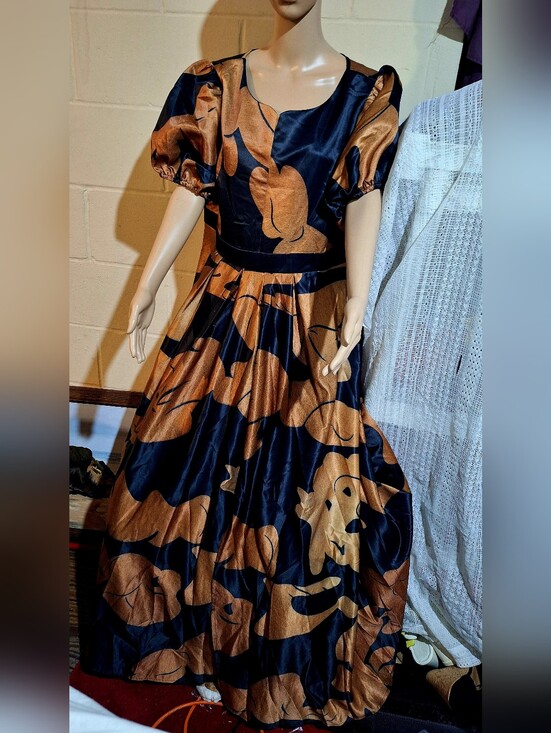 Dresses & Skirts - Navy and Copper Satin Floral Puff Sleeve Dress